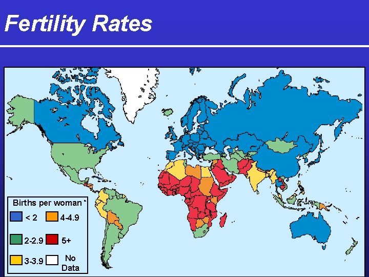 Fertility Rates Births per woman <2 4 -4. 9 2 -2. 9 5+ 3