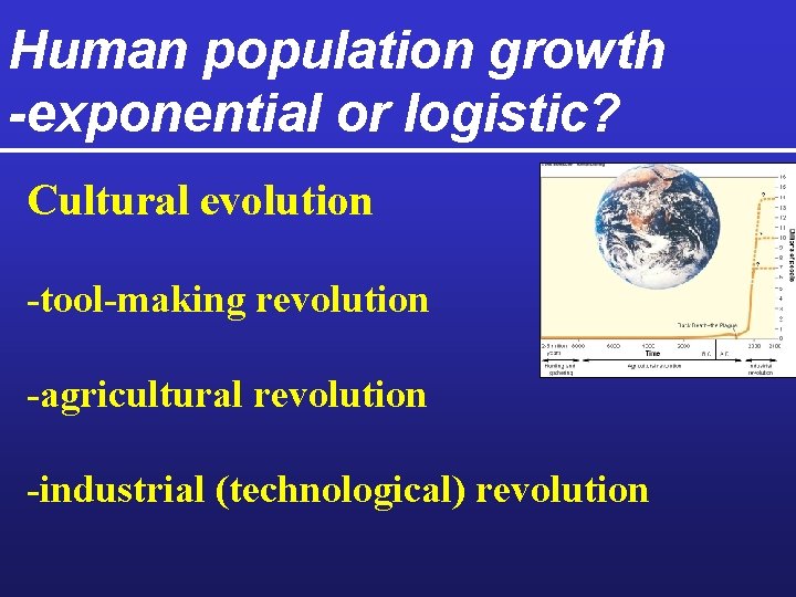 Human population growth -exponential or logistic? Cultural evolution -tool-making revolution -agricultural revolution -industrial (technological)