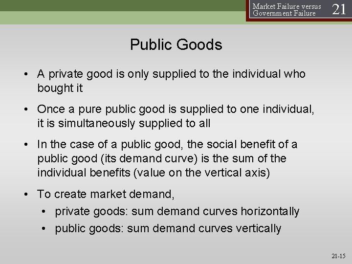 Market Failure versus Government Failure 21 Public Goods • A private good is only