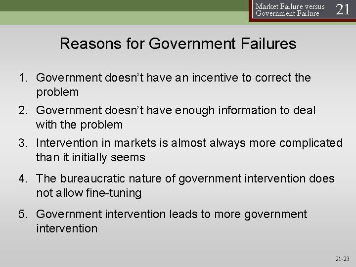 Market Failure versus Government Failure 21 Reasons for Government Failures 1. Government doesn’t have