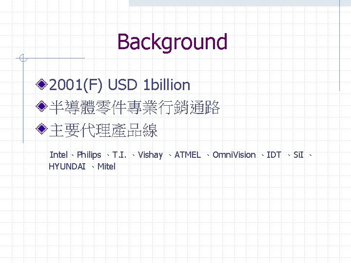 Background 2001(F) USD 1 billion 半導體零件專業行銷通路 主要代理產品線 Intel、Philips 、T. I. 、Vishay 、ATMEL 、Omni. Vision