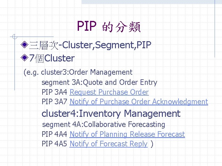 PIP 的分類 三層次-Cluster, Segment, PIP 7個Cluster (e. g. cluster 3: Order Management segment 3