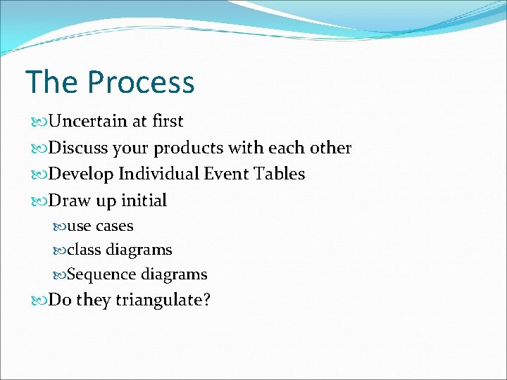 The Process Uncertain at first Discuss your products with each other Develop Individual Event