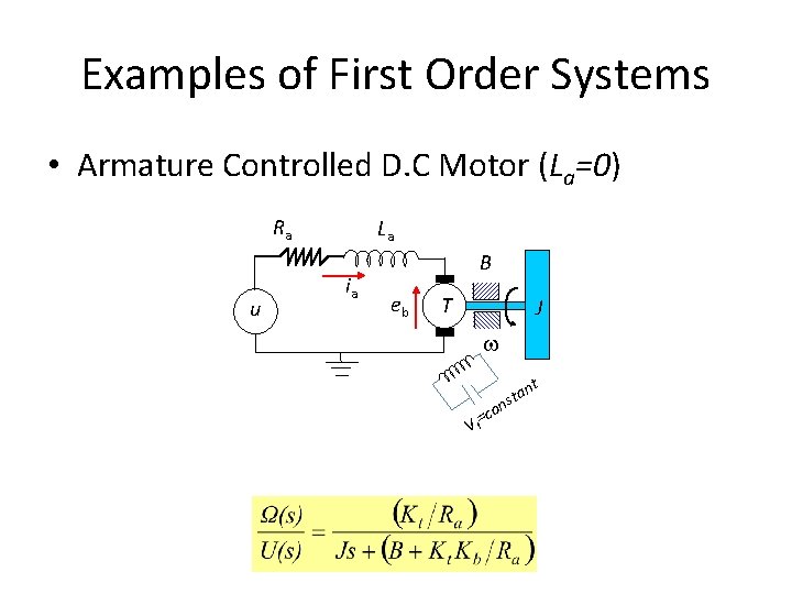 Examples of First Order Systems • Armature Controlled D. C Motor (La=0) Ra u