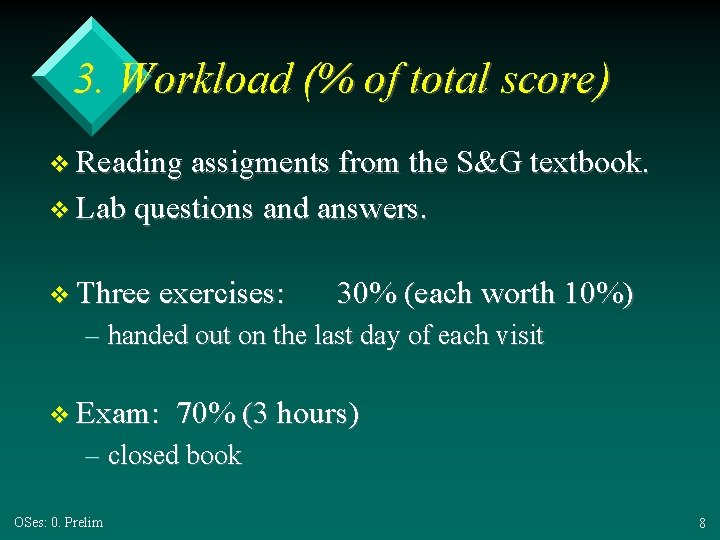 3. Workload (% of total score) v Reading assigments from the S&G textbook. v