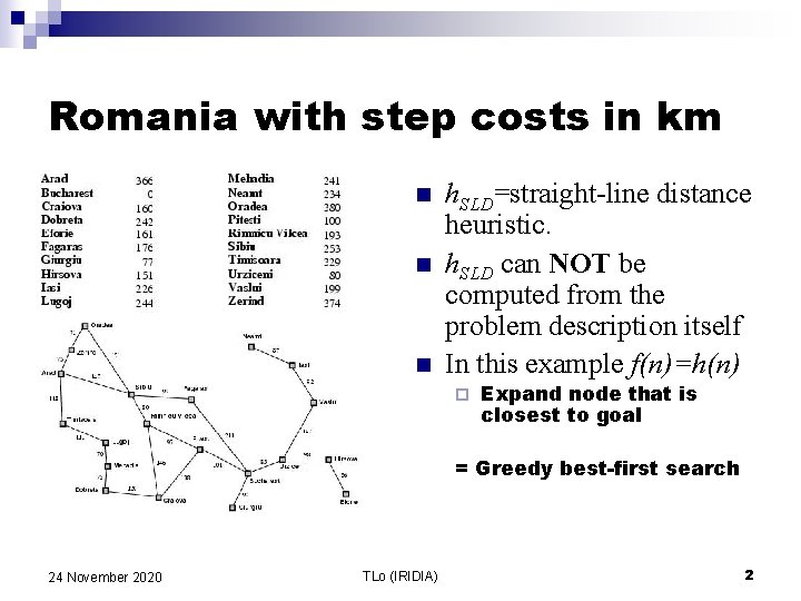 Romania with step costs in km n n n h. SLD=straight-line distance heuristic. h.