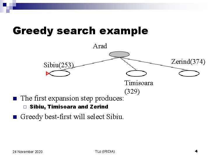 Greedy search example Arad Zerind(374) Sibiu(253) n The first expansion step produces: ¨ n