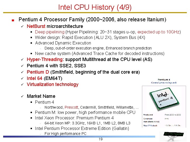 Intel CPU History (4/9) Pentium 4 Processor Family (2000~2006, also release Itanium) ü Net. Intel CPU History (4/9) Pentium 4 Processor Family (2000~2006, also release Itanium) ü Net.