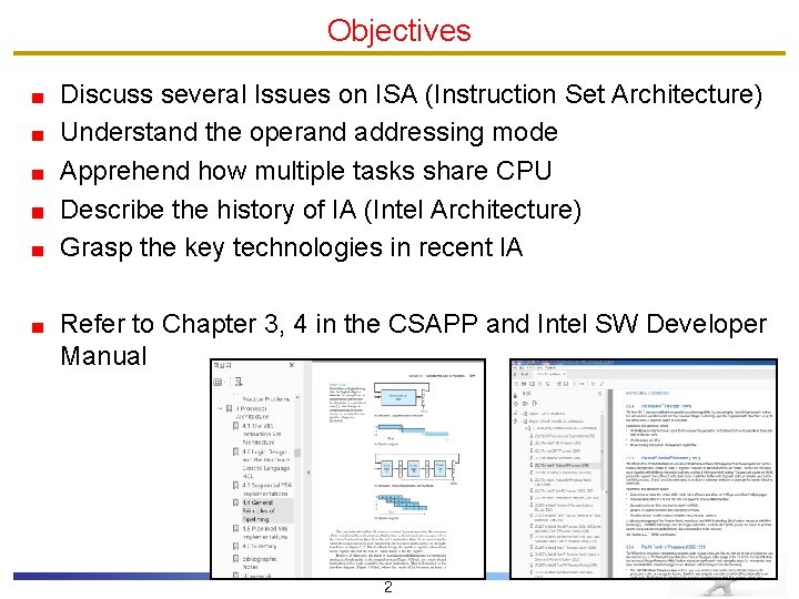 Objectives Discuss several Issues on ISA (Instruction Set Architecture) Understand the operand addressing mode Objectives Discuss several Issues on ISA (Instruction Set Architecture) Understand the operand addressing mode