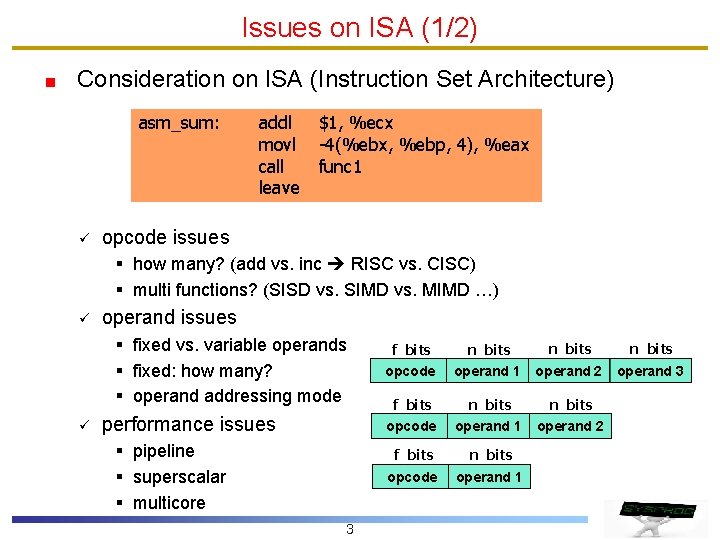 Issues on ISA (1/2) Consideration on ISA (Instruction Set Architecture) asm_sum: ü addl movl Issues on ISA (1/2) Consideration on ISA (Instruction Set Architecture) asm_sum: ü addl movl