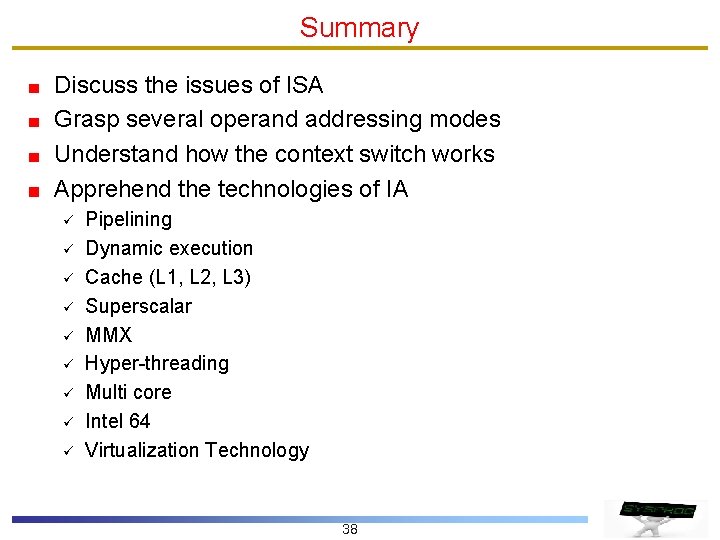 Summary Discuss the issues of ISA Grasp several operand addressing modes Understand how the Summary Discuss the issues of ISA Grasp several operand addressing modes Understand how the