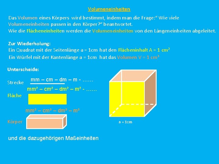 Volumeneinheiten Das Volumen eines Körpers wird bestimmt, indem man die Frage: “ Wie viele