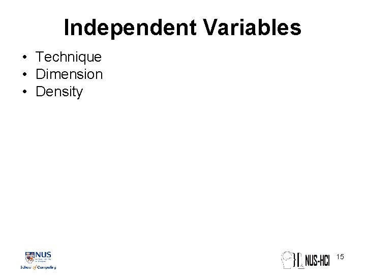 Independent Variables • Technique • Dimension • Density 15 Independent Variables • Technique • Dimension • Density 15