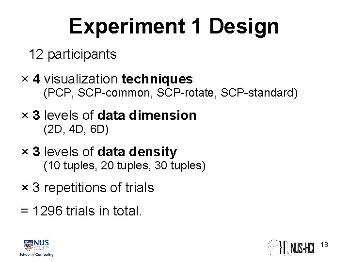 Experiment 1 Design 12 participants × 4 visualization techniques (PCP, SCP-common, SCP-rotate, SCP-standard) × Experiment 1 Design 12 participants × 4 visualization techniques (PCP, SCP-common, SCP-rotate, SCP-standard) ×
