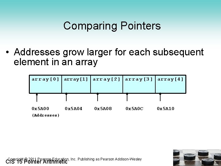 Comparing Pointers • Addresses grow larger for each subsequent element in an array a