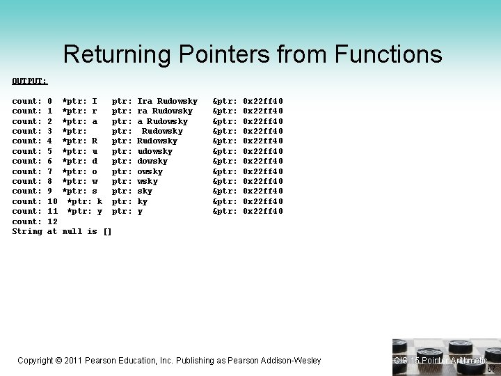 Returning Pointers from Functions OUTPUT: count: count: count: count: String 0 1 2 3