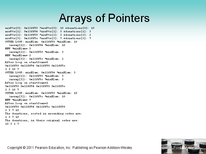 Arrays of Pointers arr. Ptr[0]: 0 x 22 ff 50 *arr. Ptr[0]: 10 &donations[0]: