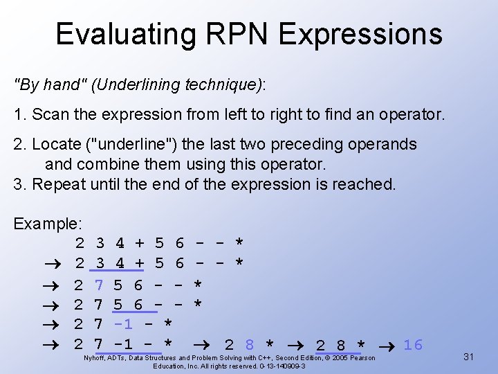 Evaluating RPN Expressions "By hand" (Underlining technique): 1. Scan the expression from left to