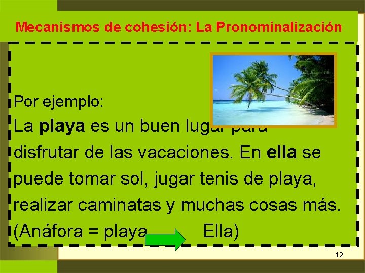 Mecanismos de cohesión: La Pronominalización Por ejemplo: La playa es un buen lugar para Mecanismos de cohesión: La Pronominalización Por ejemplo: La playa es un buen lugar para
