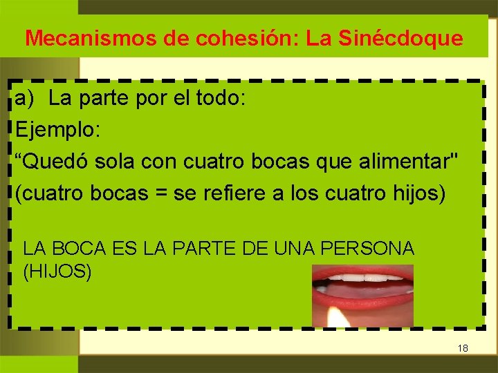 Mecanismos de cohesión: La Sinécdoque a) La parte por el todo: Ejemplo: “Quedó sola Mecanismos de cohesión: La Sinécdoque a) La parte por el todo: Ejemplo: “Quedó sola