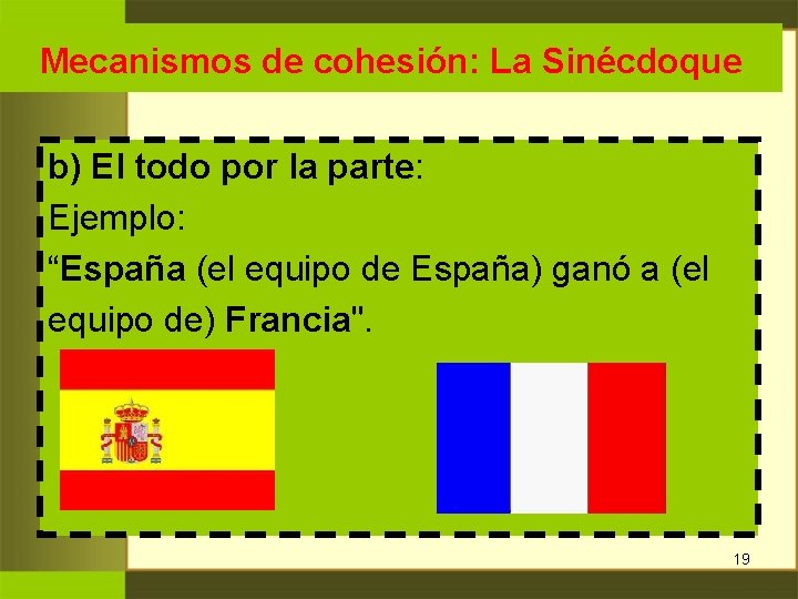 Mecanismos de cohesión: La Sinécdoque b) El todo por la parte: Ejemplo: “España (el Mecanismos de cohesión: La Sinécdoque b) El todo por la parte: Ejemplo: “España (el