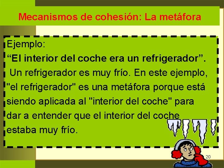 Mecanismos de cohesión: La metáfora Ejemplo: “El interior del coche era un refrigerador”. Un Mecanismos de cohesión: La metáfora Ejemplo: “El interior del coche era un refrigerador”. Un