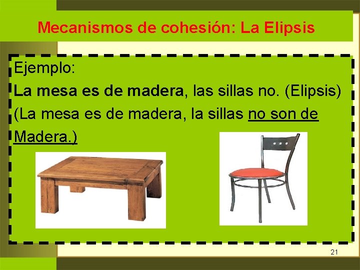 Mecanismos de cohesión: La Elipsis Ejemplo: La mesa es de madera, las sillas no. Mecanismos de cohesión: La Elipsis Ejemplo: La mesa es de madera, las sillas no.