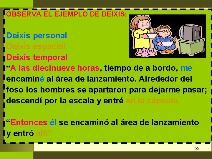 OBSERVA EL EJEMPLO DE DEIXIS: Deixis personal Deixis espacial Deixis temporal “A las diecinueve OBSERVA EL EJEMPLO DE DEIXIS: Deixis personal Deixis espacial Deixis temporal “A las diecinueve