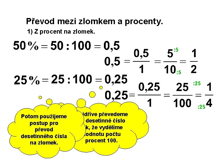 Převod mezi zlomkem a procenty. 1) Z procent na zlomek. : 5 : 25