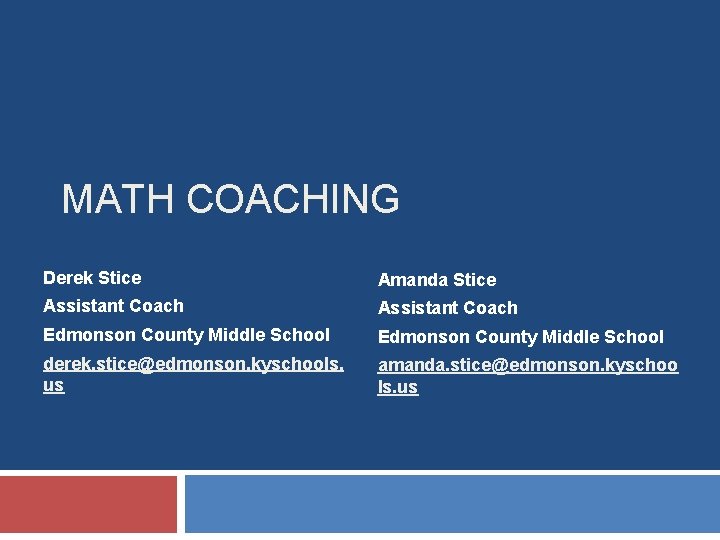 MATH COACHING Derek Stice Amanda Stice Assistant Coach Edmonson County Middle School derek. stice@edmonson.