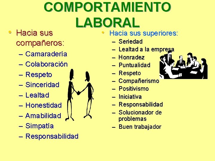 COMPORTAMIENTO LABORAL • Hacia sus compañeros: – – – – – Camaradería Colaboración Respeto