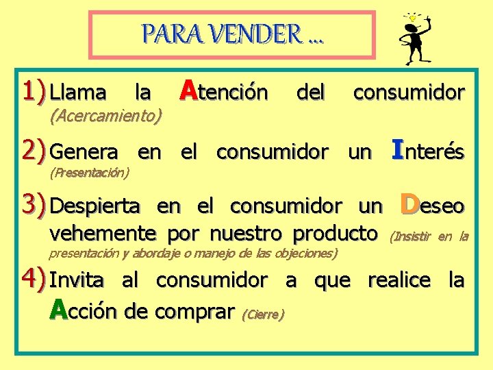 PARA VENDER. . . 1) Llama la Atención del consumidor (Acercamiento) 2) Genera en