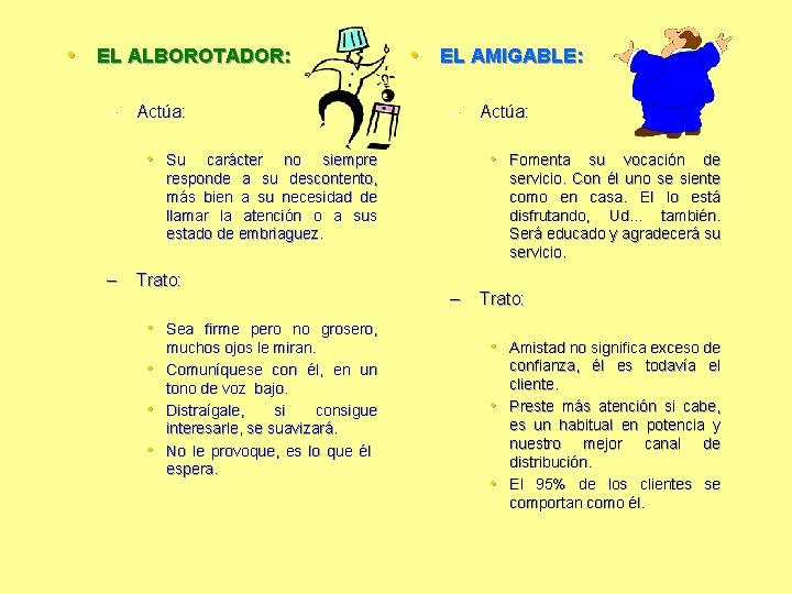  • EL ALBOROTADOR: – Actúa: • EL AMIGABLE: – • Su • Fomenta