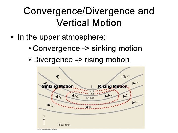Convergence/Divergence and Vertical Motion • In the upper atmosphere: • Convergence -> sinking motion