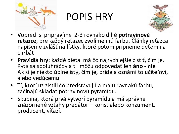 POPIS HRY • Vopred si pripravíme 2 -3 rovnako dlhé potravinové reťazce, pre každý