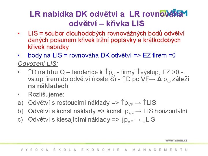 LR nabídka DK odvětví a LR rovnováha odvětví – křivka LIS • LIS =