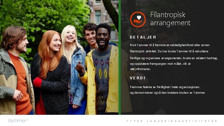 Filantropisk arrangement DETALJER Bruk Yammer til å fremme et veldedighetsfond eller annen filantropisk aktivitet.