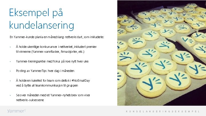 Eksempel på kundelansering En Yammer-kunde planla en månedslang nettverksstart, som inkluderte: • Å holde