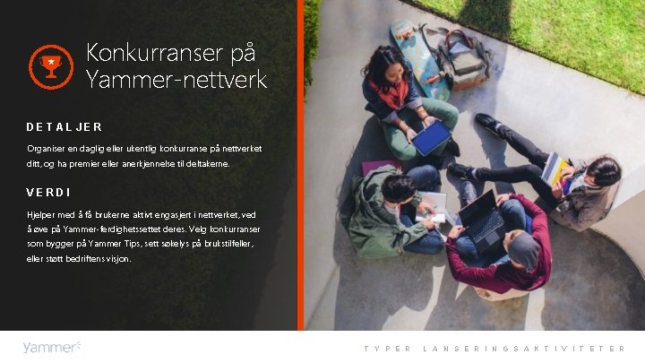 Konkurranser på Yammer-nettverk DETALJER Organiser en daglig eller ukentlig konkurranse på nettverket ditt, og