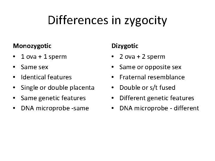 Differences in zygocity Monozygotic • • • 1 ova + 1 sperm Same sex