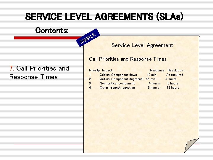 SERVICE LEVEL AGREEMENTS (SLAs) Contents: S E PL M A Service Level Agreement Call SERVICE LEVEL AGREEMENTS (SLAs) Contents: S E PL M A Service Level Agreement Call