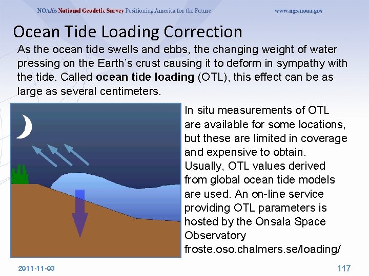 Ocean Tide Loading Correction As the ocean tide swells and ebbs, the changing weight