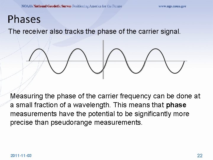 Phases The receiver also tracks the phase of the carrier signal. Measuring the phase