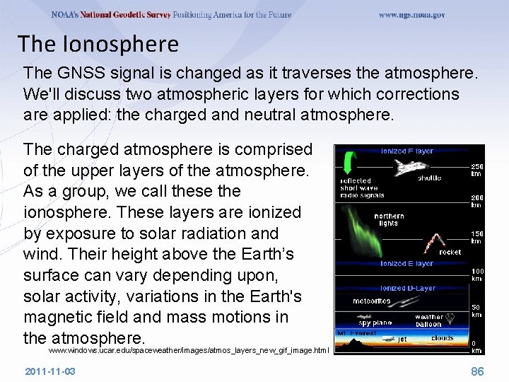 The Ionosphere The GNSS signal is changed as it traverses the atmosphere. We'll discuss