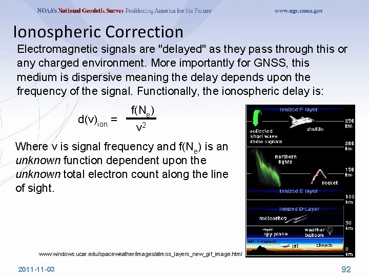 Ionospheric Correction Electromagnetic signals are "delayed" as they pass through this or any charged