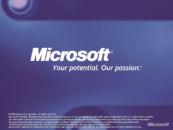 © 2006 Microsoft Corporation. All rights reserved. Microsoft, Windows Vista and other product names © 2006 Microsoft Corporation. All rights reserved. Microsoft, Windows Vista and other product names