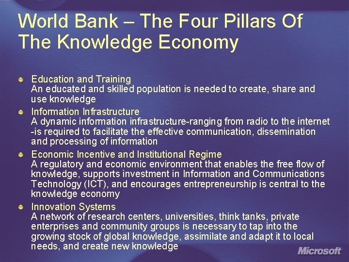 World Bank – The Four Pillars Of The Knowledge Economy Education and Training An World Bank – The Four Pillars Of The Knowledge Economy Education and Training An