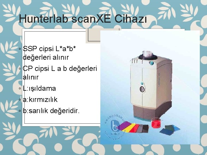 Hunterlab scan. XE Cihazı ◦ SSP cipsi L*a*b* değerleri alınır ◦ CP cipsi L