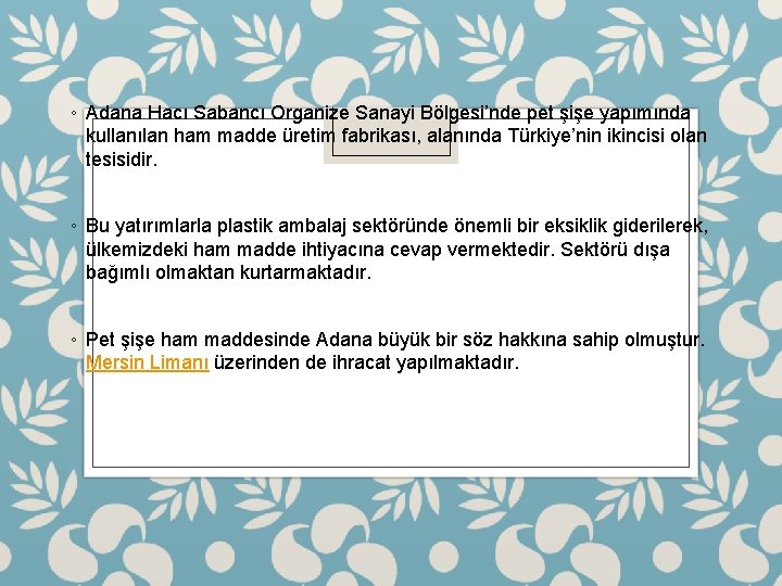 ◦ Adana Hacı Sabancı Organize Sanayi Bölgesi’nde pet şişe yapımında kullanılan ham madde üretim