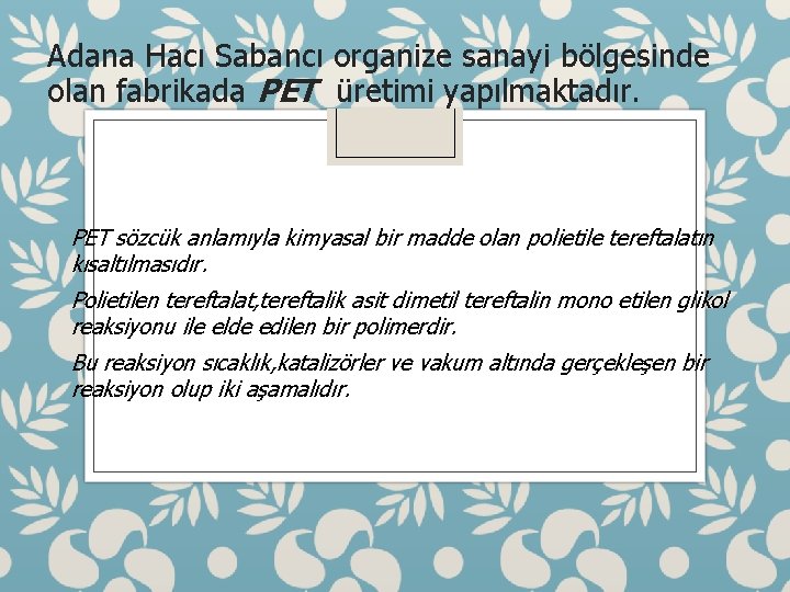 Adana Hacı Sabancı organize sanayi bölgesinde olan fabrikada PET üretimi yapılmaktadır. PET sözcük anlamıyla